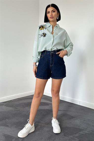 Wholesale Green Classic Free Size Striped Poplin Embroidered Shirt