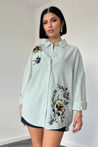 Wholesale Green Classic Free Size Striped Poplin Embroidered Shirt