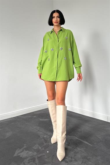 Toptan Yeşil Klasik Kalıp El İşlemeli Gömlek