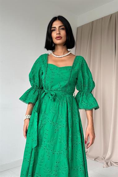 Toptan Yeşil Kolu Lastikli Brode Elbise