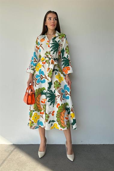 Toptan Yeşil Kuşaklı Keten Elbise