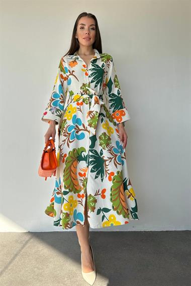 Toptan Yeşil Kuşaklı Keten Elbise