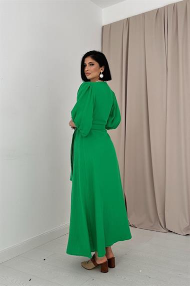 Toptan Yeşil Kuşaklı Müslin Elbise