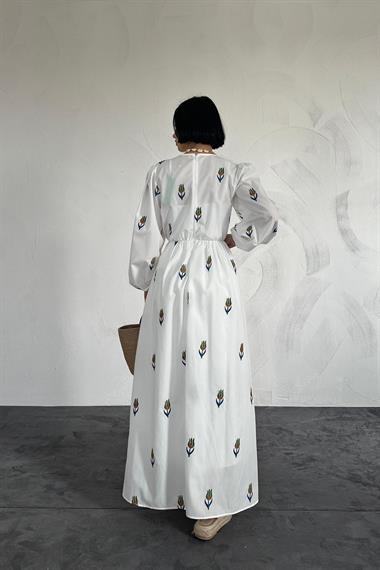 Toptan Yeşil Lale Desenli Brode Elbise