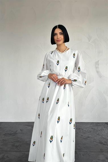 Toptan Yeşil Lale Desenli Brode Elbise