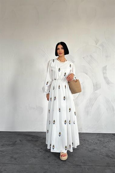 Toptan Yeşil Lale Desenli Brode Elbise