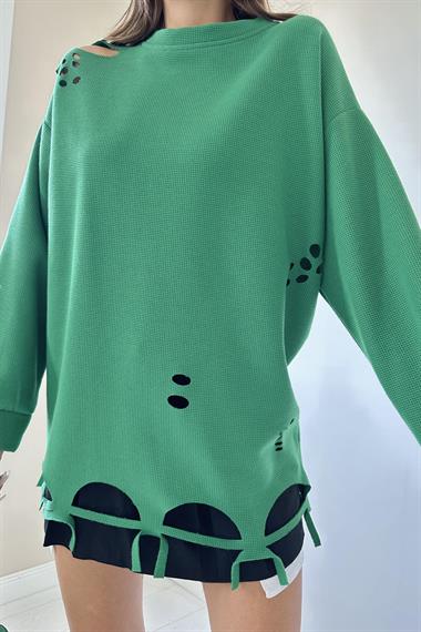 Toptan Yeşil Lazer Kesim Bluz