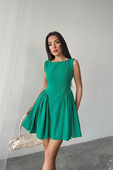 Toptan Yeşil Mini Boy Büzgülü Keten Elbise