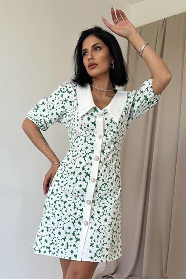 Toptan Yeşil Önlük Yakalı Poplin Elbise