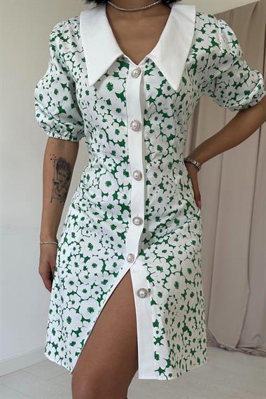 Toptan Yeşil Önlük Yakalı Poplin Elbise