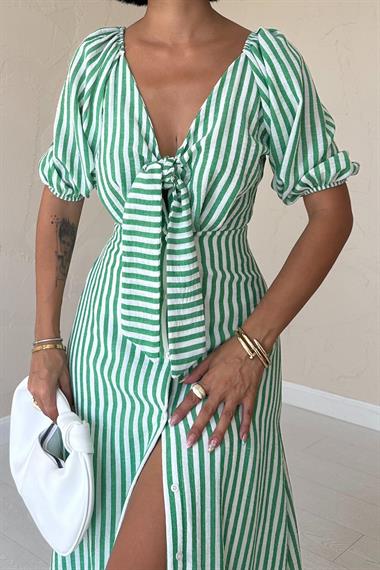 Toptan Yeşil Önü Bağlamalı Çüzgülü Elbise