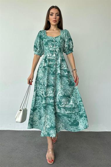 Toptan Yeşil Önü Düğmeli Kalp Yaka Elbise