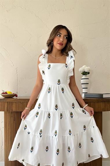 Toptan Yeşil Sıfır Kol Fırfırlı Elbise