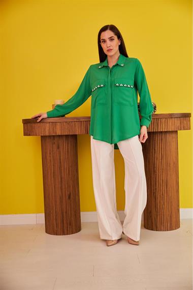 Wholesale Green Stone Embroidered Satin Shirt