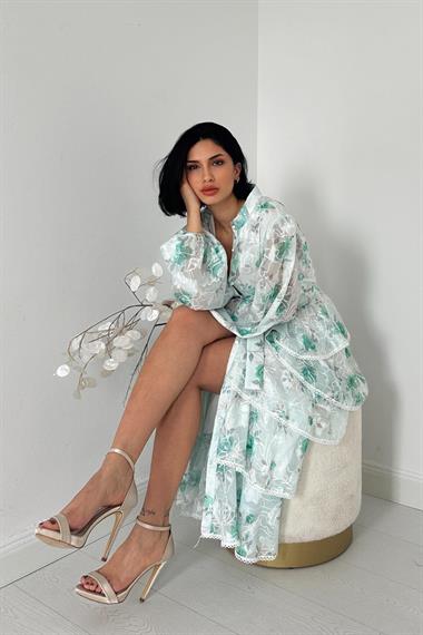 Toptan Yeşil Valonlu Şeritli Kat Kat Elbise