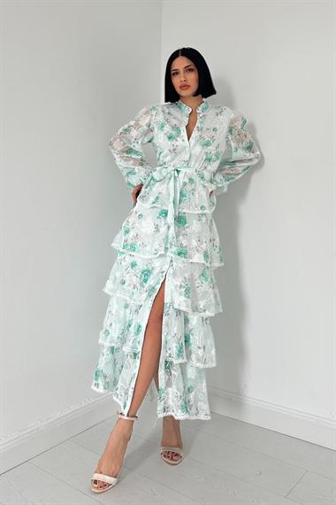 Toptan Yeşil Valonlu Şeritli Kat Kat Elbise