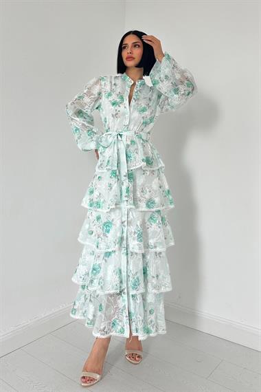 Toptan Yeşil Valonlu Şeritli Kat Kat Elbise