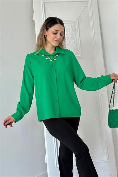 Wholesale Green Collar Pearl Detail Shirt
