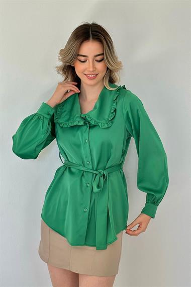 Toptan Yeşil Yakası Fırfırlı Kuşaklı Saten Gömlek