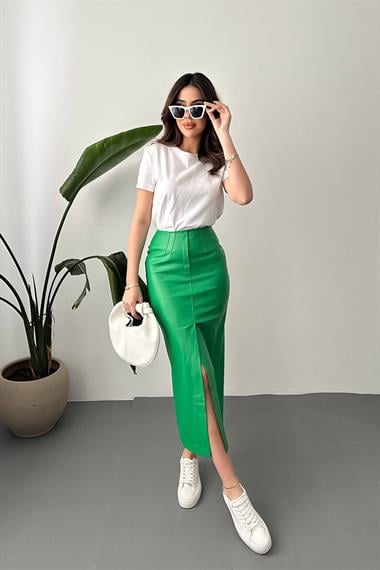 Toptan Yeşil Yırtmaçlı Süs Patlı Etek