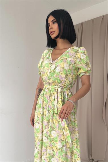 Toptan Yeşil Yırtmaçlı ve Desenli Elbise