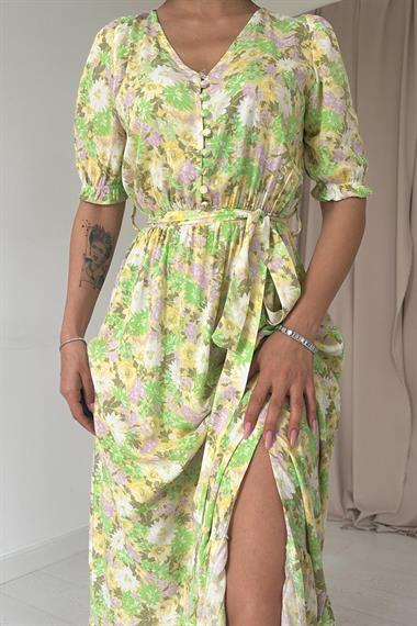 Toptan Yeşil Yırtmaçlı ve Desenli Elbise