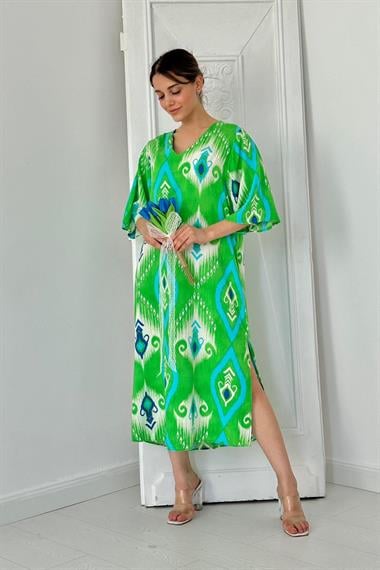 Toptan Yeşil Yırtmaçlı Viskon Elbise
