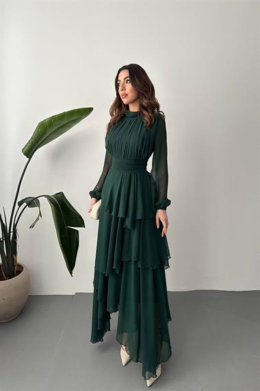 Toptan Zümrüt Bel Detaylı Elbise