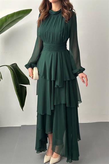 Toptan Zümrüt Bel Detaylı Elbise