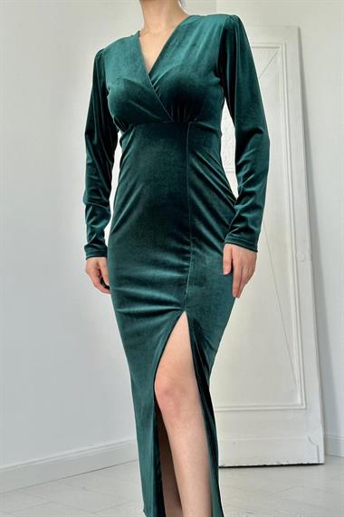 Toptan Zümrüt Eteği Yırtmaçlı Kadife Elbise