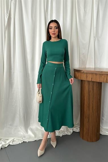 Toptan Zümrüt Fitilli Bluz & Etek Takım