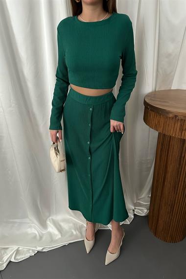 Toptan Zümrüt Fitilli Bluz & Etek Takım