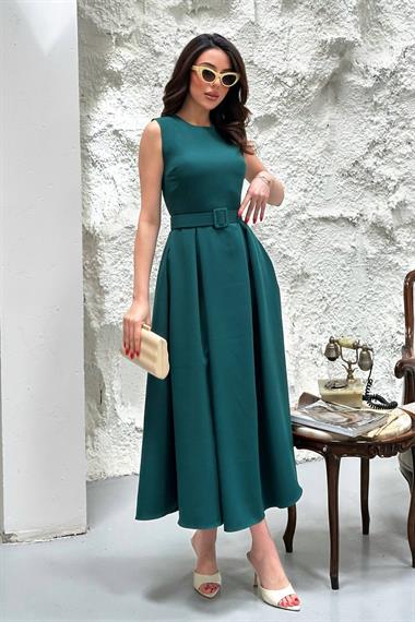 Toptan Zümrüt Halter Yaka Kloş Elbise