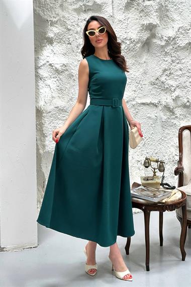 Toptan Zümrüt Halter Yaka Kloş Elbise