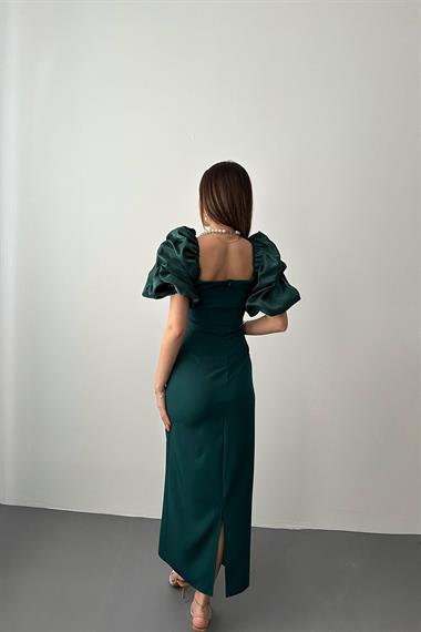 Toptan Zümrüt İşlemeli Kolu Garnili Elbise