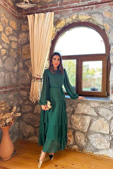 Toptan Zümrüt Kat Kat Şifon Elbise