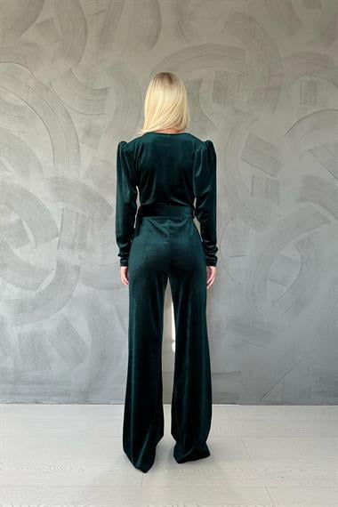 Toptan Zümrüt Kemerli Kadife Tulum