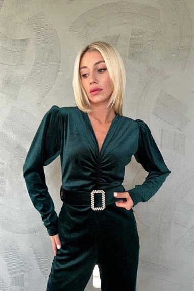 Toptan Zümrüt Kemerli Kadife Tulum