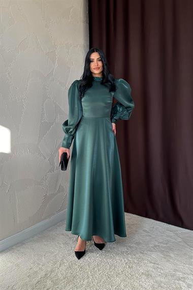 Toptan Zümrüt Kolları Büzgülü Uzun Elbise
