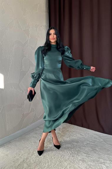 Toptan Zümrüt Kolları Büzgülü Uzun Elbise