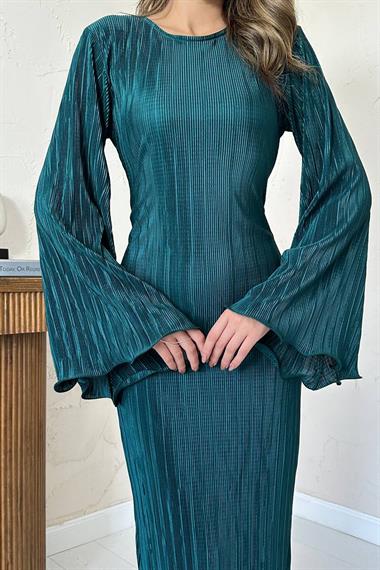 Toptan Zümrüt Kuşaklı Pliseli Elbise