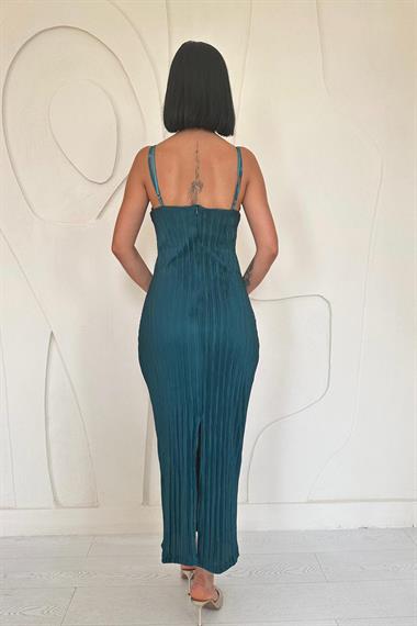 Toptan Zümrüt Piliseli Halter Boyun Elbise