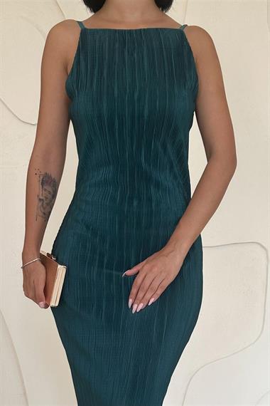 Toptan Zümrüt Piliseli Halter Boyun Elbise