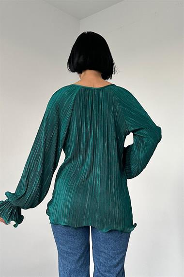 Toptan Zümrüt Reglan Kol Piliseli Bluz