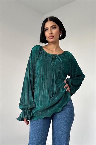 Toptan Zümrüt Reglan Kol Piliseli Bluz
