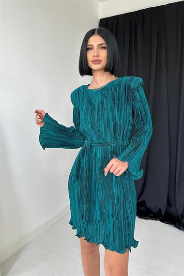 Toptan Zümrüt Saten Piliseli Elbise