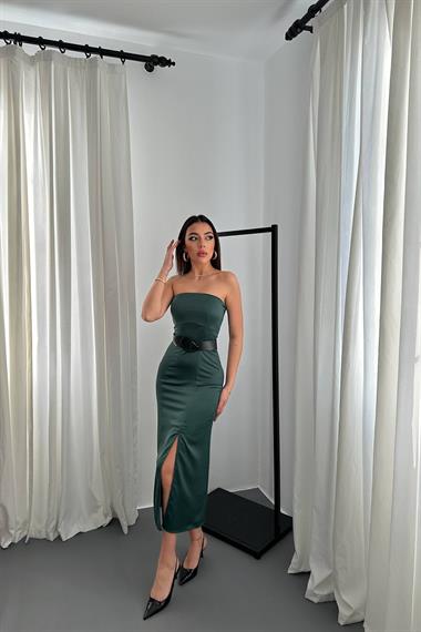 Toptan Zümrüt Straplez Saten Elbise