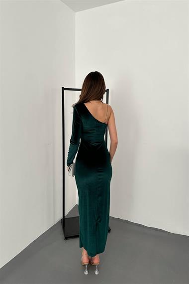 Toptan Zümrüt Tek Omuzlu Taş Askılı Elbise