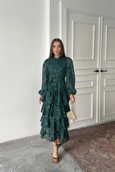 Toptan Zümrüt Valonlu Şeritli Kat Kat Elbise