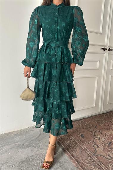 Toptan Zümrüt Valonlu Şeritli Kat Kat Elbise